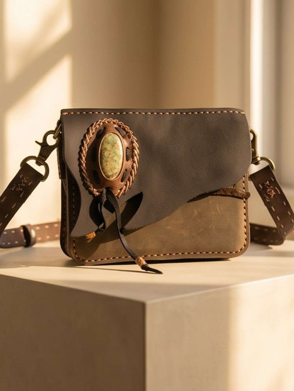 Dark Brown Leather Crossbody Bag with Stone Accent